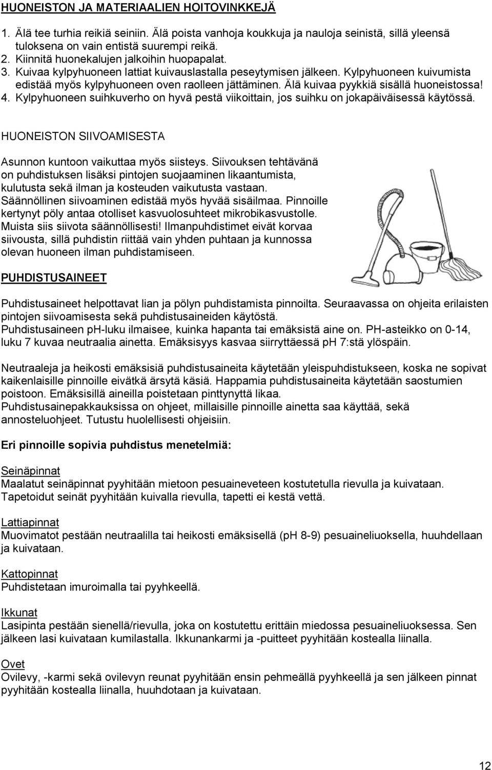 Älä kuivaa pyykkiä sisällä huoneistossa! 4. Kylpyhuoneen suihkuverho on hyvä pestä viikoittain, jos suihku on jokapäiväisessä käytössä.