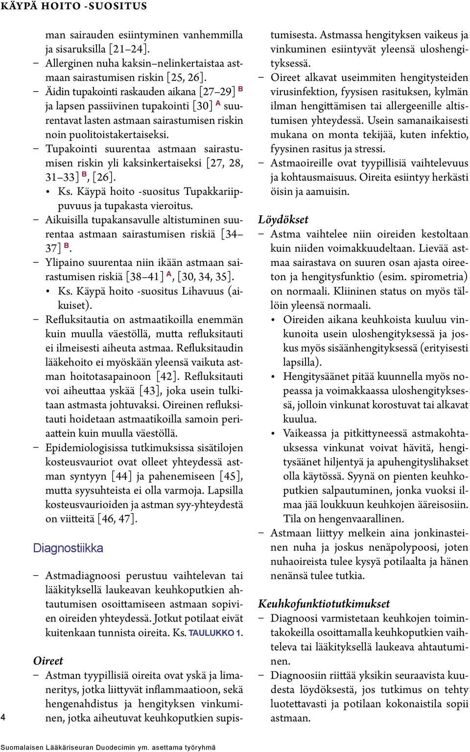 Tupakointi suurentaa astmaan sairastumisen riskin yli kaksinkertaiseksi [27, 28, 31 33] B, [26]. Ks. Käypä hoito -suositus Tupakkariippuvuus ja tupakasta vieroitus.