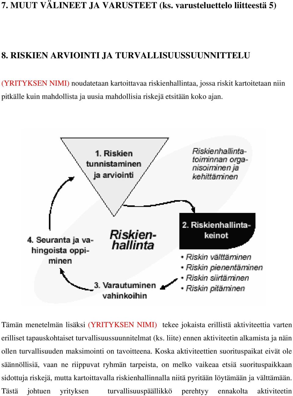 koko ajan. Tämän menetelmän lisäksi (YRITYKSEN NIMI) tekee jokaista erillistä aktiviteettia varten erilliset tapauskohtaiset turvallisuussuunnitelmat (ks.