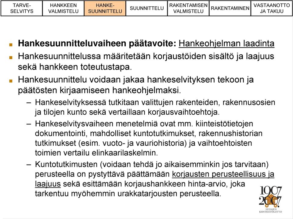 Hankeselvityksessä tutkitaan valittujen rakenteiden, rakennusosien ja tilojen kunto sekä vertaillaan korjausvaihtoehtoja. Hankeselvitysvaiheen menetelmiä ovat mm.