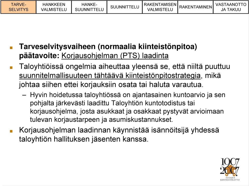 Hyvin hoidetussa taloyhtiössä on ajantasainen kuntoarvio ja sen pohjalta järkevästi laadittu Taloyhtiön kuntotodistus tai korjausohjelma, josta