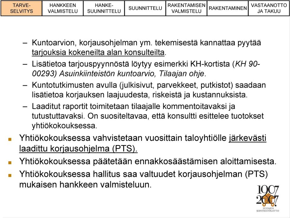 Kuntotutkimusten avulla (julkisivut, parvekkeet, putkistot) saadaan lisätietoa korjauksen laajuudesta, riskeistä ja kustannuksista.