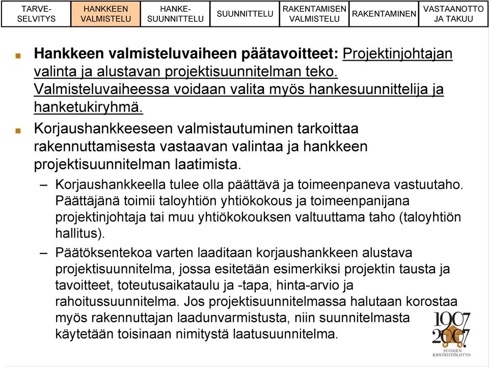 Päättäjänä toimii taloyhtiön yhtiökokous ja toimeenpanijana projektinjohtaja tai muu yhtiökokouksen valtuuttama taho (taloyhtiön hallitus).