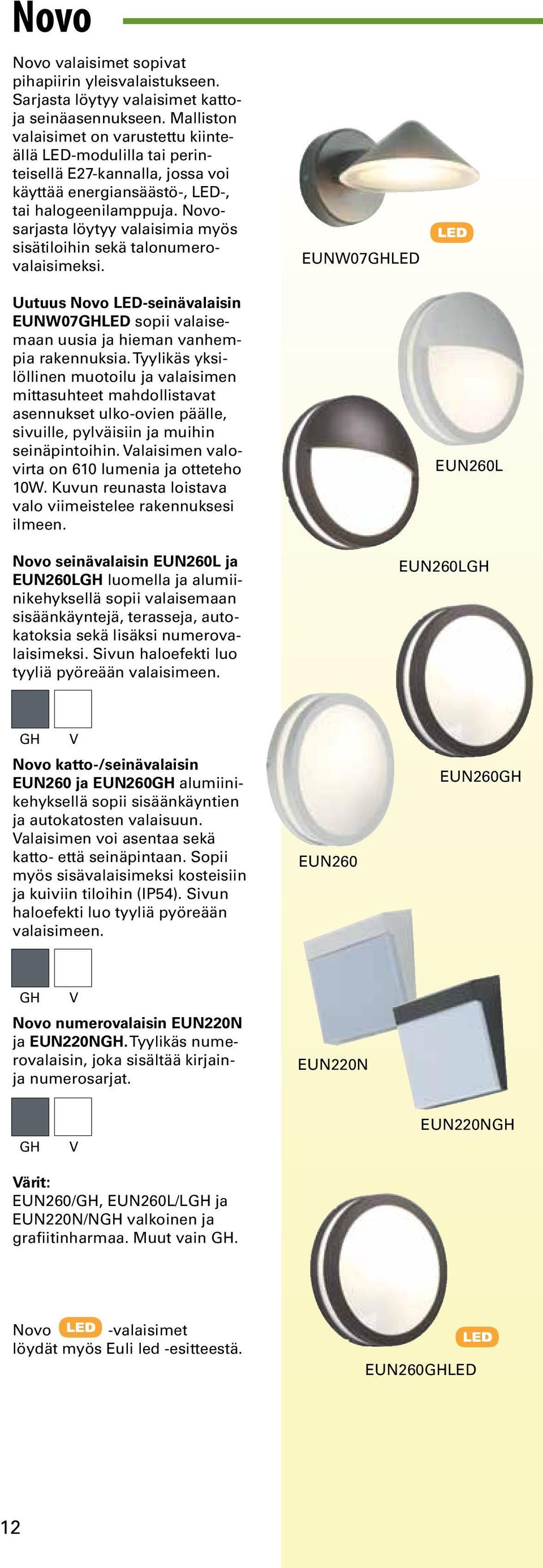 Novosarjasta löytyy valaisimia myös sisätiloihin sekä talonumerovalaisimeksi. EUNW07GHLED Uutuus Novo LED-seinävalaisin EUNW07GHLED sopii valaisemaan uusia ja hieman vanhempia rakennuksia.