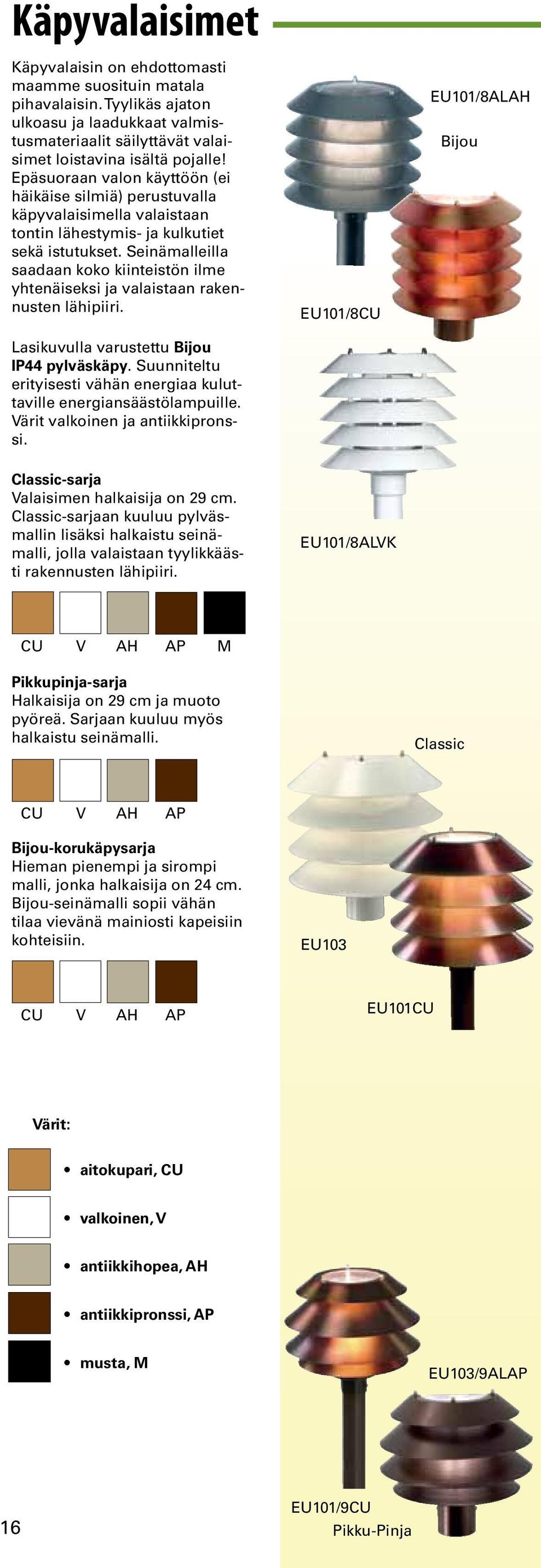 Seinämalleilla saadaan koko kiinteistön ilme yhtenäiseksi ja valaistaan rakennusten lähipiiri. Lasikuvulla varustettu Bijou IP44 pylväskäpy.