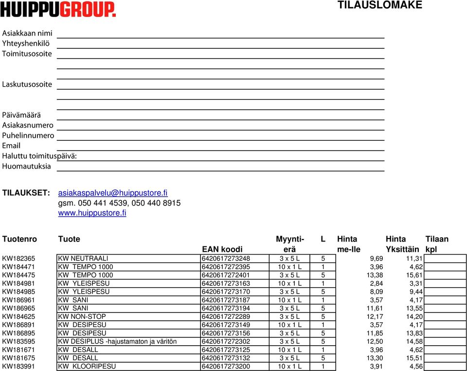 fi Tuotenro Tuote Myynti- L Hinta Hinta Tilaan EAN koodi erä me-lle Yksittäin kpl KW182365 KW NEUTRAALI 6420617273248 3 x 5 L 5 9,69 11,31 KW184471 KW TEMPO 1000 6420617272395 10 x 1 L 1 3,96 4,62