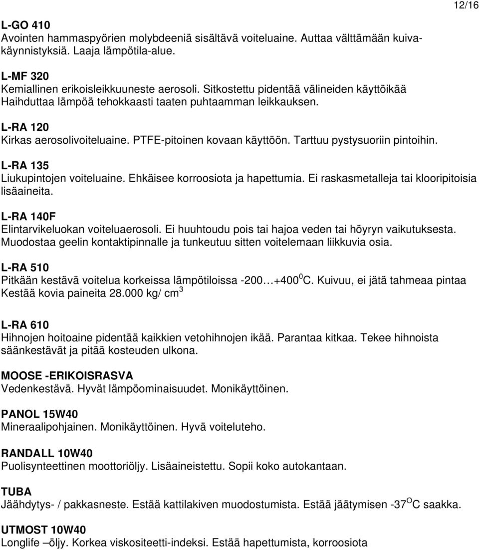 Tarttuu pystysuoriin pintoihin. L-RA 135 Liukupintojen voiteluaine. Ehkäisee korroosiota ja hapettumia. Ei raskasmetalleja tai klooripitoisia lisäaineita. L-RA 140F Elintarvikeluokan voiteluaerosoli.