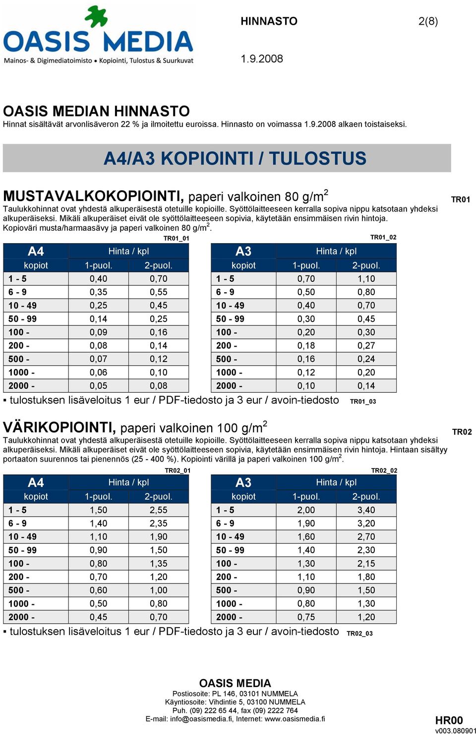 Syöttölaitteeseen kerralla sopiva nippu katsotaan yhdeksi alkuperäiseksi. Mikäli alkuperäiset eivät ole syöttölaitteeseen sopivia, käytetään ensimmäisen rivin hintoja.