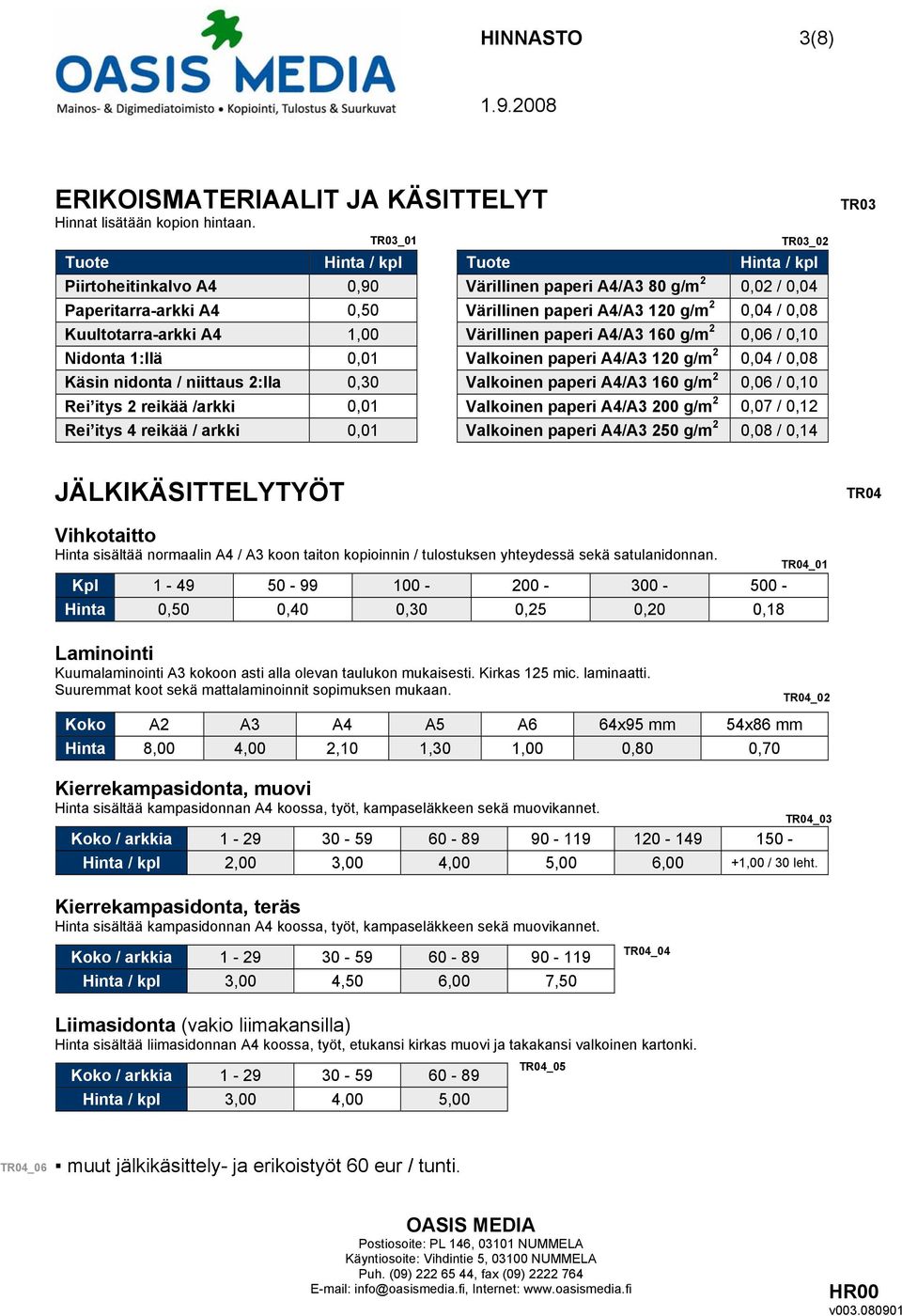 A4/A3 160 g/m 2 0,06 / 0,10 Nidonta 1:llä 0,01 Valkoinen paperi A4/A3 120 g/m 2 0,04 / 0,08 Käsin nidonta / niittaus 2:lla 0,30 Valkoinen paperi A4/A3 160 g/m 2 0,06 / 0,10 Rei itys 2 reikää /arkki