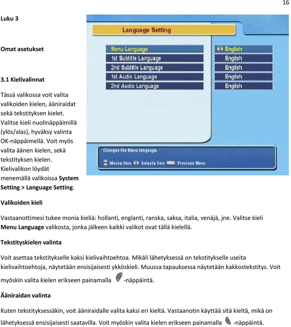 Kielivalikon löydät menemällä valikoissa System Setting > Language Setting. Valikoiden kieli Vastaanottimesi tukee monia kieliä: hollanti, englanti, ranska, saksa, italia, venäjä, jne.