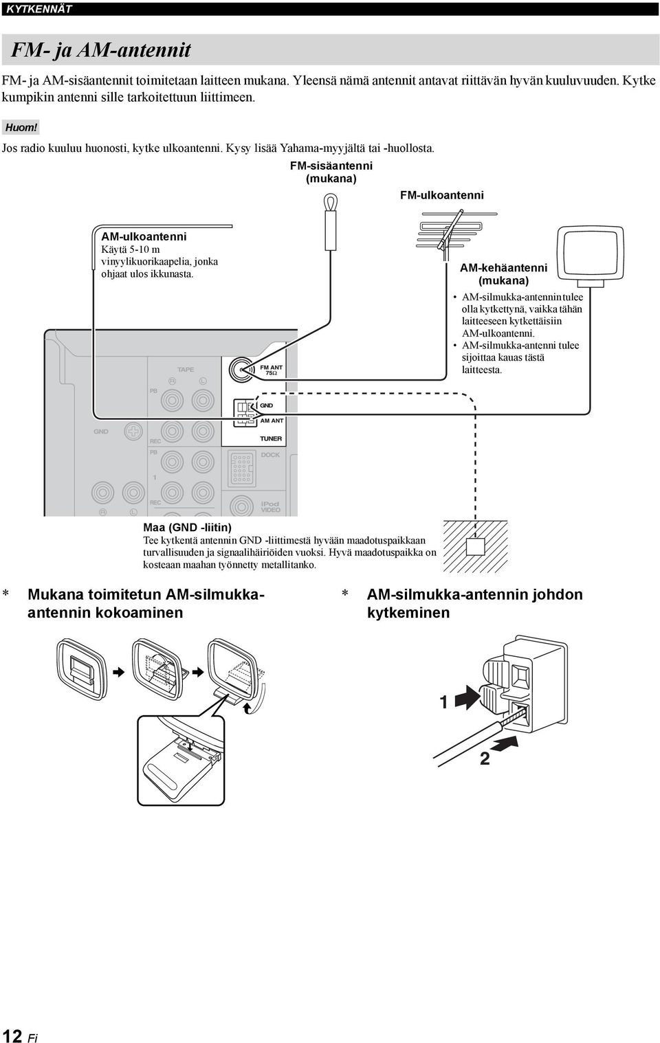 FM-sisäantenni (mukana) FM-ulkoantenni AM-ulkoantenni Käytä 5-10 m vinyylikuorikaapelia, jonka ohjaat ulos ikkunasta.