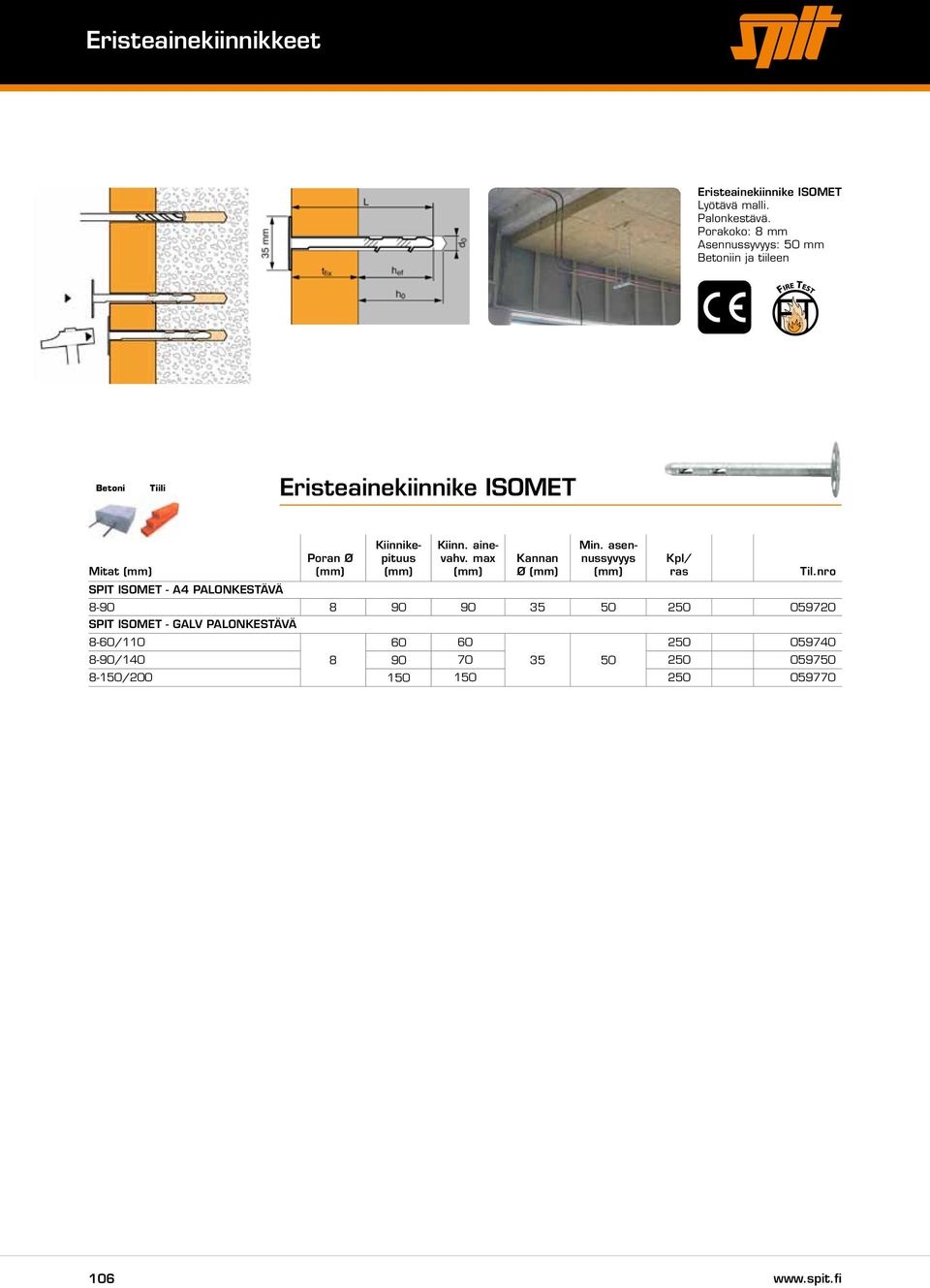 palonkestävä Poran Ø Kiinnikepituus Kiinn. ainevahv. max Kannan Ø Min.