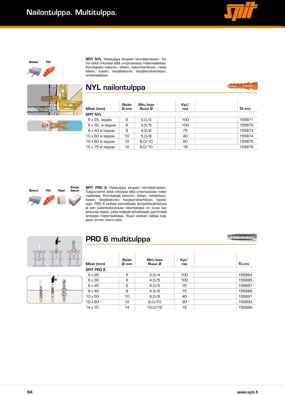 NYL nailontulppa Mitat Reiän Ø mm Min/max Ruuvi Ø Kpl/ Spit Nyl 5 x 25, laipalla 5 3,0/4 100 155871 6 x 30, ei laippaa 6 3,5/5 100 155872 8 x 40 ei laippaa 8 4,5/6 75 155873 10 x 50 ei laippaa 10