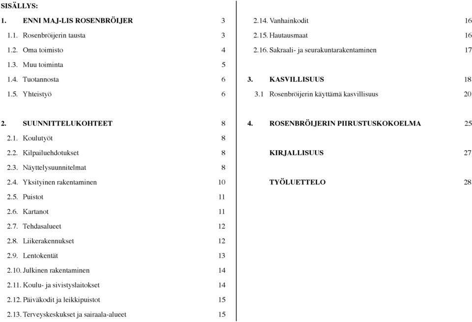 3. Näyttelysuunnitelmat 8 2.4. Yksityinen rakentaminen 10 TYÖLUETTELO 28 2.5. Puistot 11 2.6. Kartanot 11 2.7. Tehdasalueet 12 2.8. Liikerakennukset 12 2.9. Lentokentät 13 2.10. Julkinen rakentaminen 14 2.