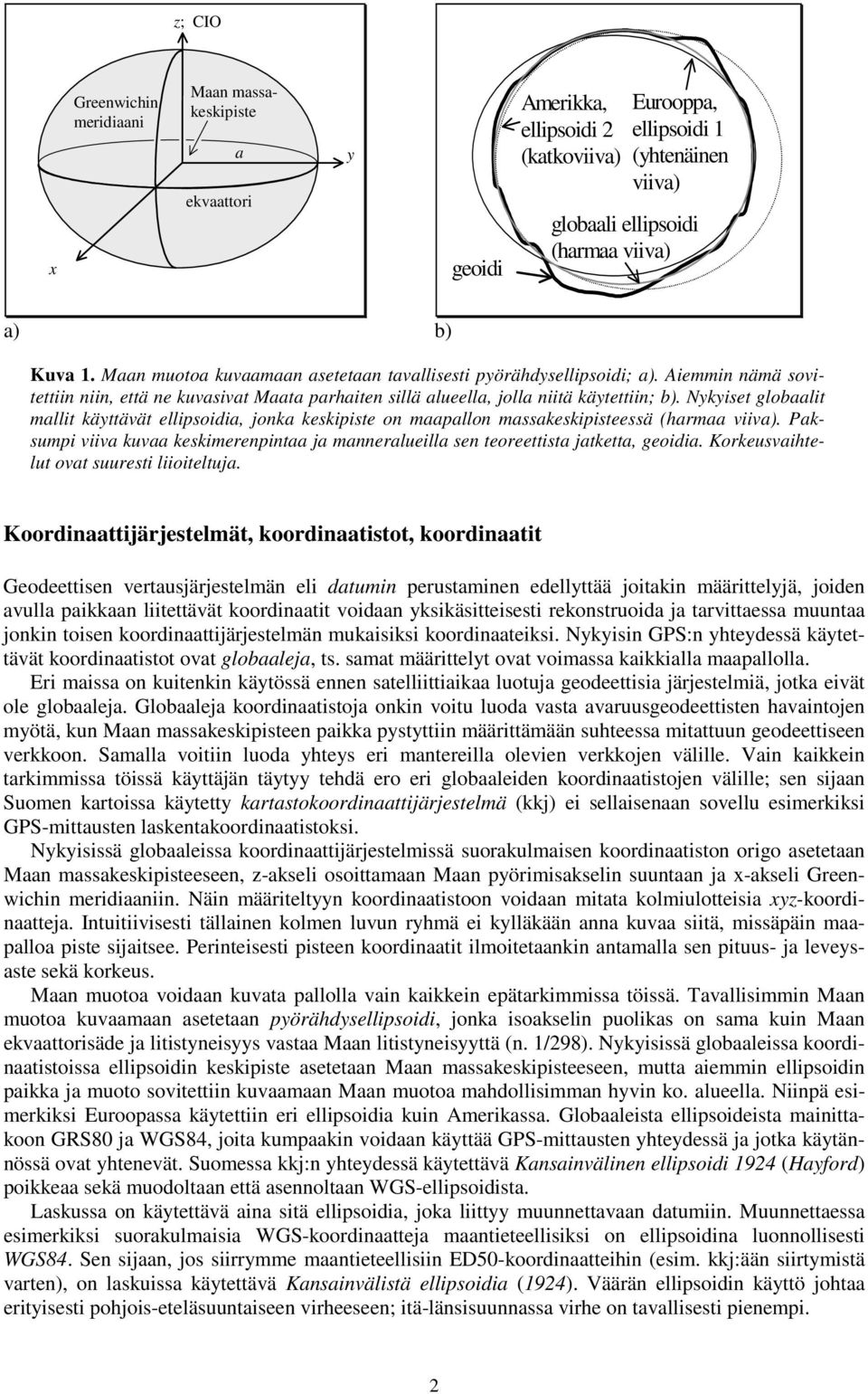 Nykyiset globaalit mallit käyttävät ellipsoidia, jonka keskipiste on maapallon massakeskipisteessä (harmaa viiva).