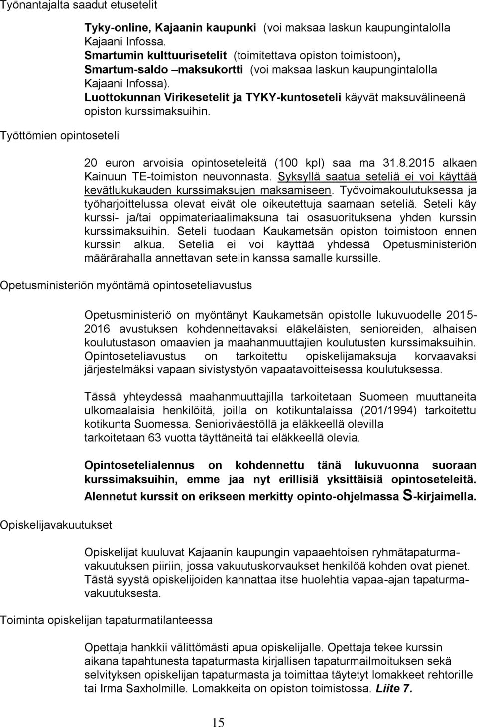 Luottokunnan Virikesetelit ja TYKY-kuntoseteli käyvät maksuvälineenä opiston kurssimaksuihin. 20 euron arvoisia opintoseteleitä (100 kpl) saa ma 31.8.2015 alkaen Kainuun TE-toimiston neuvonnasta.