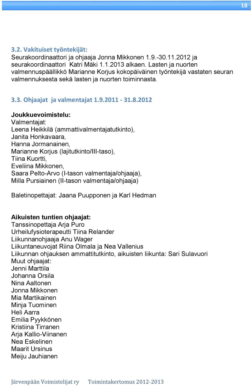 2012 Joukkuevoimistelu: Valmentajat: Leena Heikkilä (ammattivalmentajatutkinto), Janita Honkavaara, Hanna Jormanainen, Marianne Korjus (lajitutkinto/iii-taso), Tiina Kuortti, Eveliina Mikkonen, Saara