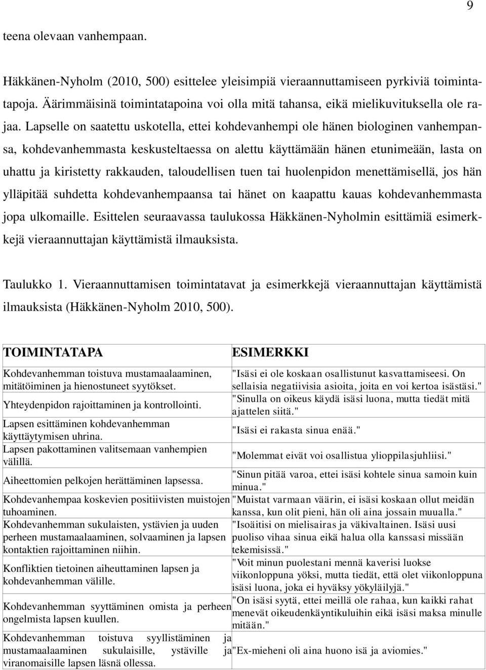 Lapselle on saatettu uskotella, ettei kohdevanhempi ole hänen biologinen vanhempansa, kohdevanhemmasta keskusteltaessa on alettu käyttämään hänen etunimeään, lasta on uhattu ja kiristetty rakkauden,