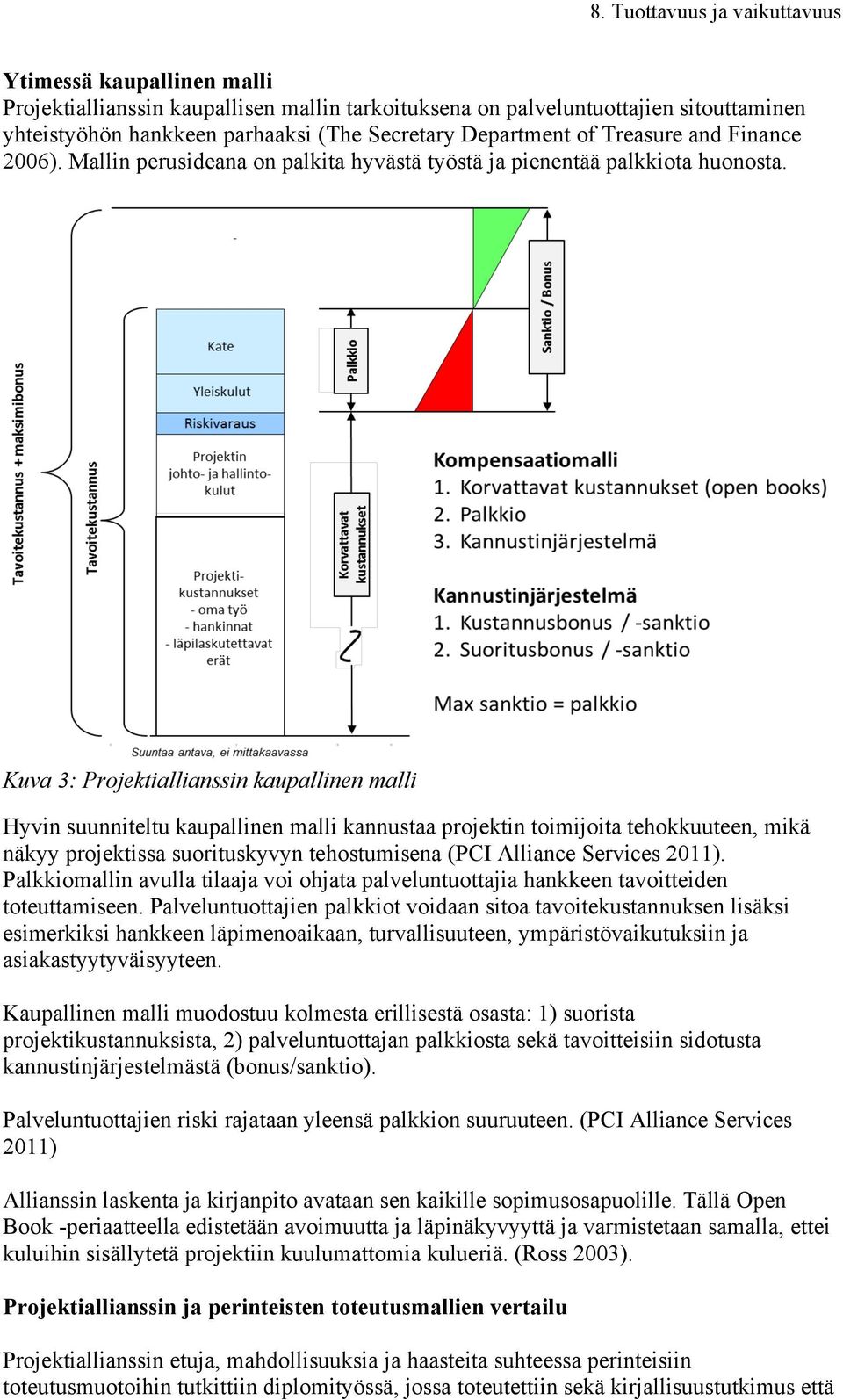 Kuva 3: Projektiallianssin kaupallinen malli Hyvin suunniteltu kaupallinen malli kannustaa projektin toimijoita tehokkuuteen, mikä näkyy projektissa suorituskyvyn tehostumisena (PCI Alliance Services