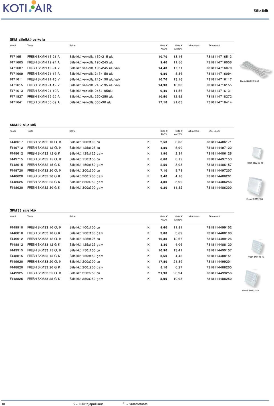 Säleikkö verkolla 215x150 alu/valk 10,70 13,16 7318114716117 F471615 FRESH SKMN 24-19 V Säleikkö verkolla 245x195 alu/valk 14,90 18,33 7318114716155 F471613 FRESH SKMN 24-19A Säleikkö verkolla