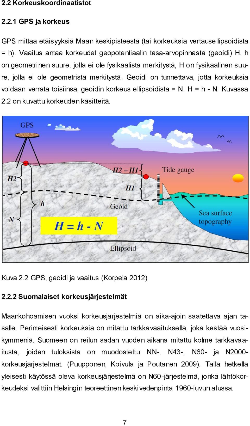 Geoidi on tunnettava, jotta korkeuksia voidaan verrata toisiinsa, geoidin korkeus ellipsoidista = N. H = h - N. Kuvassa 2.2 on kuvattu korkeuden käsitteitä. Kuva 2.