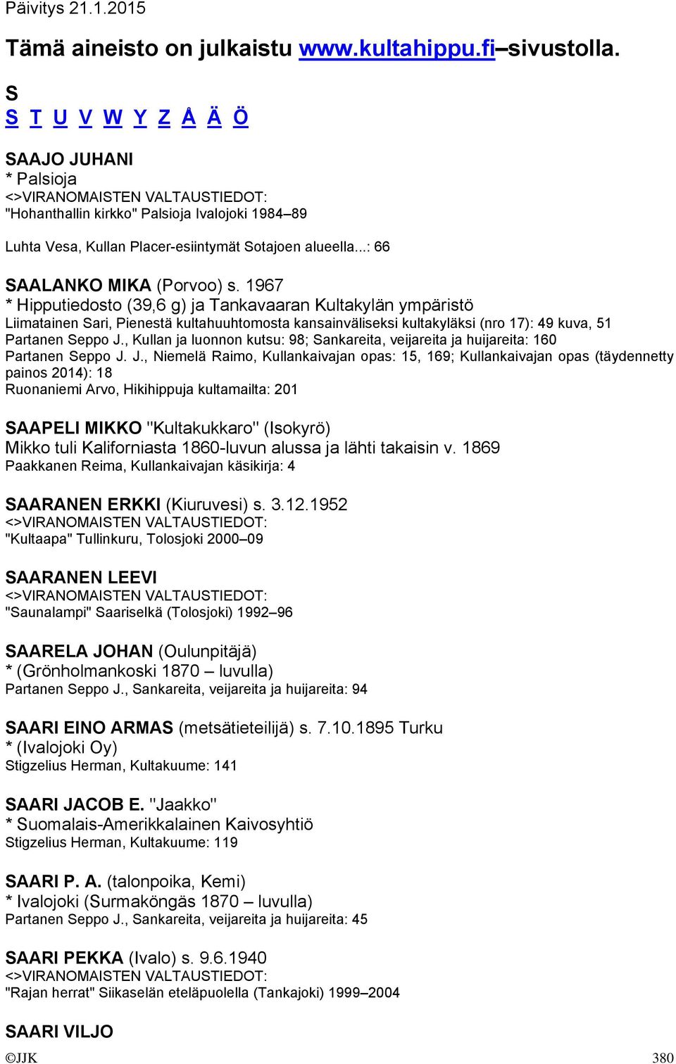 1967 * Hipputiedosto (39,6 g) ja Tankavaaran Kultakylän ympäristö Liimatainen Sari, Pienestä kultahuuhtomosta kansainväliseksi kultakyläksi (nro 17): 49 kuva, 51 Partanen Seppo J.