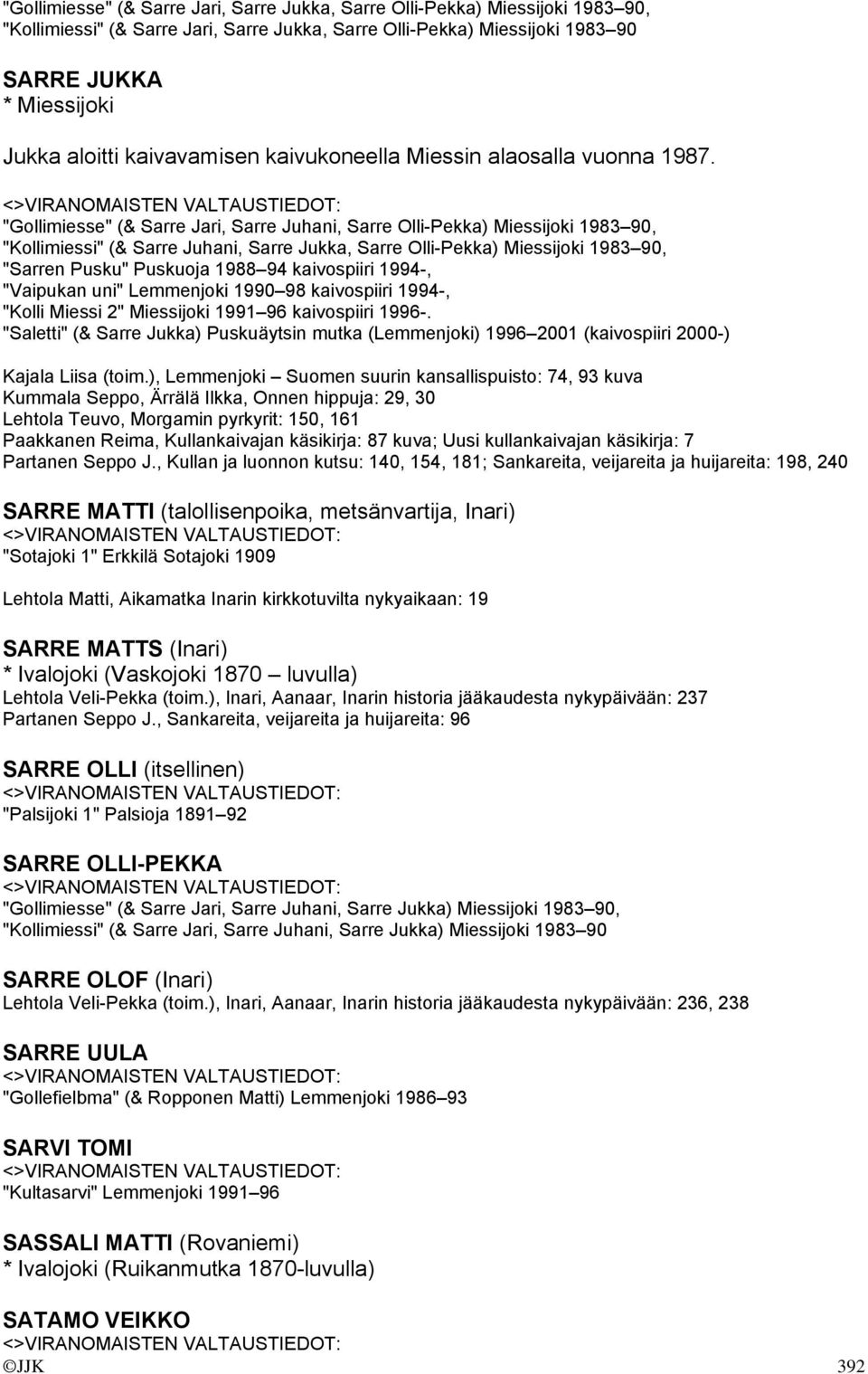 "Gollimiesse" (& Sarre Jari, Sarre Juhani, Sarre Olli-Pekka) Miessijoki 1983 90, "Kollimiessi" (& Sarre Juhani, Sarre Jukka, Sarre Olli-Pekka) Miessijoki 1983 90, "Sarren Pusku" Puskuoja 1988 94