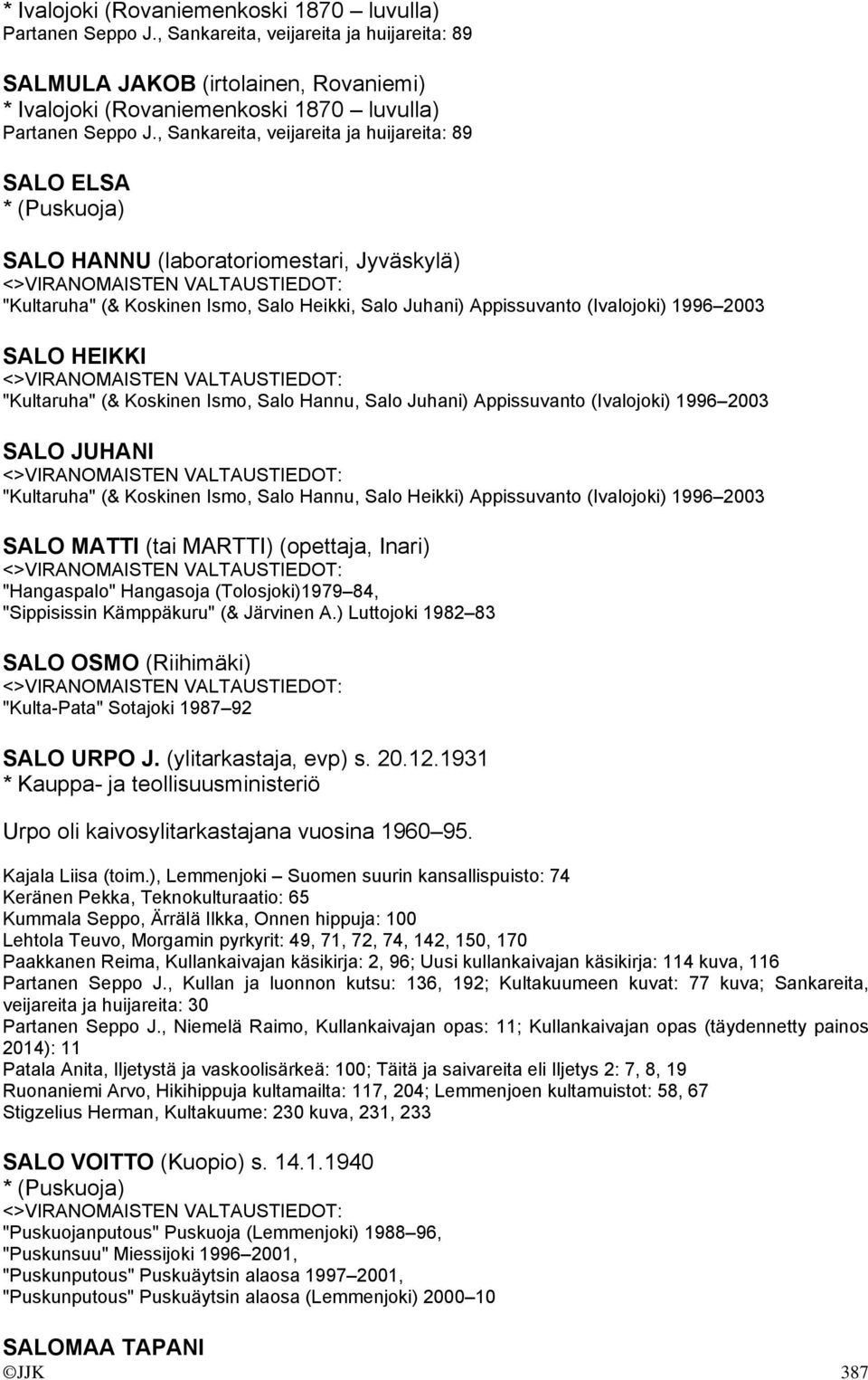"Kultaruha" (& Koskinen Ismo, Salo Heikki, Salo Juhani) Appissuvanto (Ivalojoki) 1996 2003 SALO HEIKKI "Kultaruha" (& Koskinen Ismo, Salo Hannu, Salo Juhani) Appissuvanto (Ivalojoki) 1996 2003 SALO