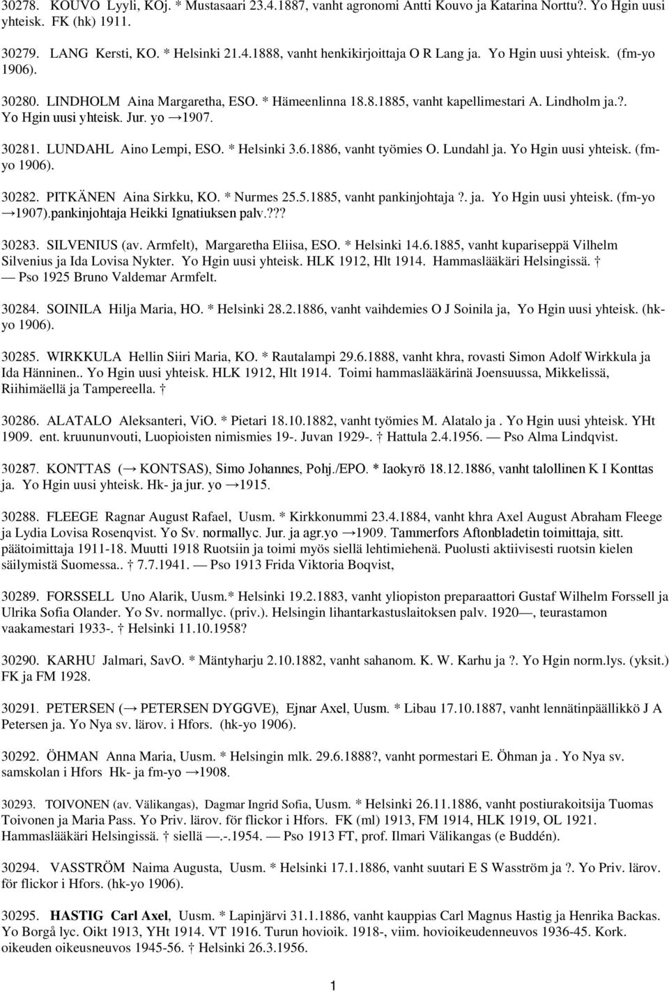 LUNDAHL Aino Lempi, ESO. * Helsinki 3.6.1886, vanht työmies O. Lundahl ja. Yo Hgin uusi yhteisk. (fmyo 1906). 30282. PITKÄNEN Aina Sirkku, KO. * Nurmes 25.5.1885, vanht pankinjohtaja?. ja. Yo Hgin uusi yhteisk. (fm-yo 1907).