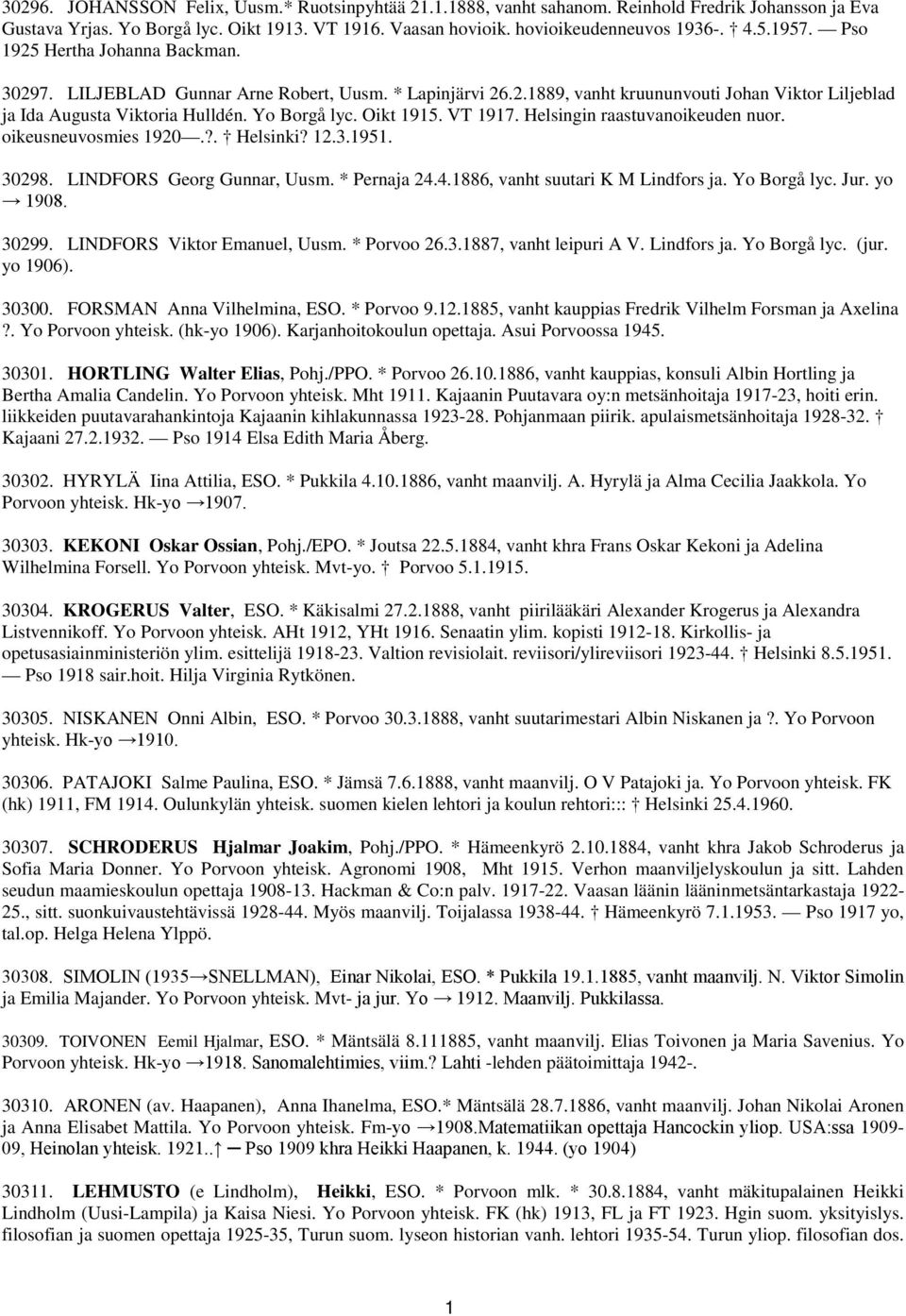 Oikt 1915. VT 1917. Helsingin raastuvanoikeuden nuor. oikeusneuvosmies 1920.?. Helsinki? 12.3.1951. 30298. LINDFORS Georg Gunnar, Uusm. * Pernaja 24.4.1886, vanht suutari K M Lindfors ja.