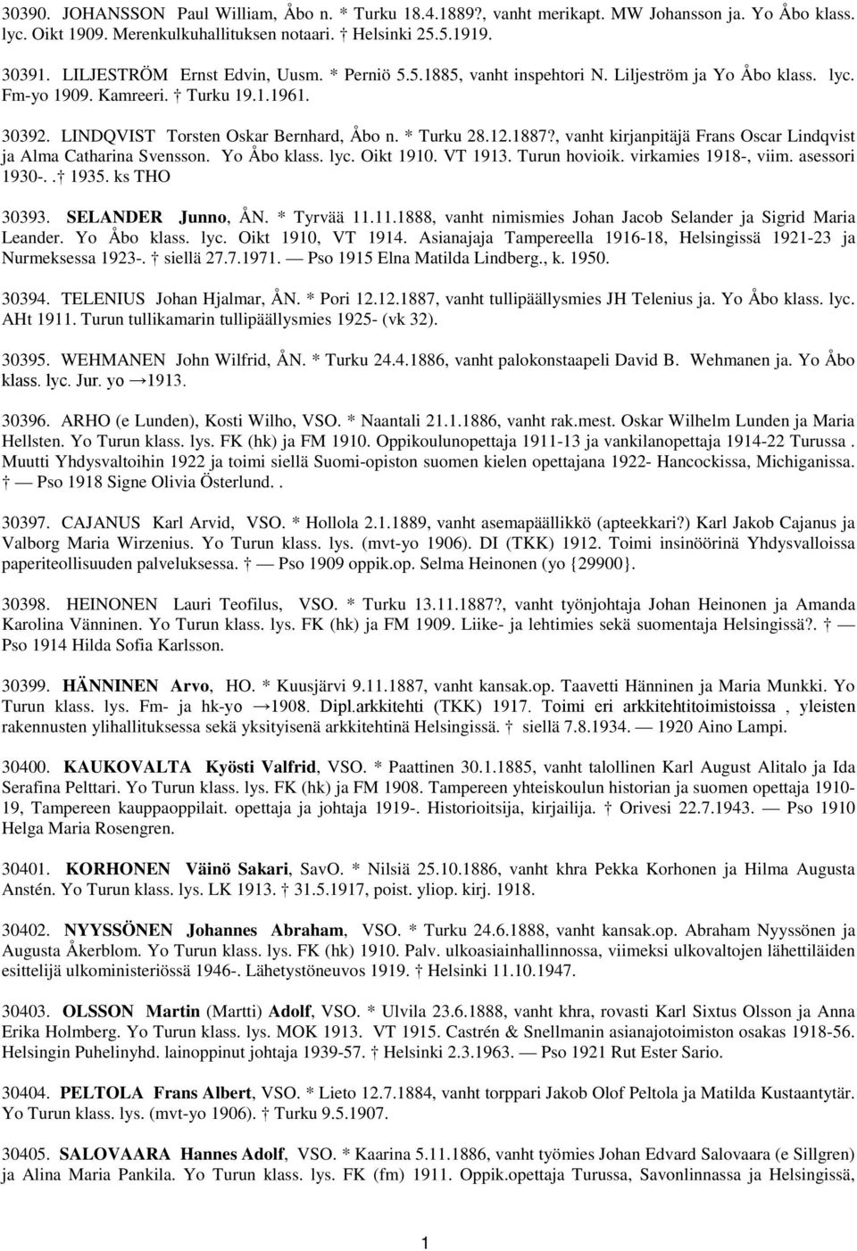 12.1887?, vanht kirjanpitäjä Frans Oscar Lindqvist ja Alma Catharina Svensson. Yo Åbo klass. lyc. Oikt 1910. VT 1913. Turun hovioik. virkamies 1918-, viim. asessori 1930-.. 1935. ks THO 30393.