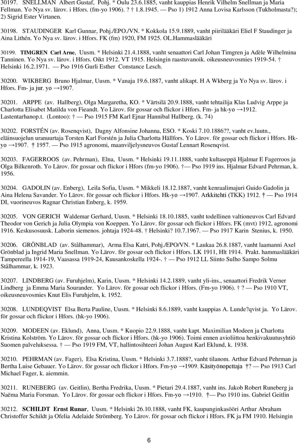 Yo Nya sv. lärov. i Hfors. FK (fm) 1920, FM 1925. OL.Hammaslääkäri 30199. TIMGREN Carl Arne, Uusm. * Helsinki 21.4.1888, vanht senaattori Carl Johan Timgren ja Adèle Wilhelmina Tanninen. Yo Nya sv.