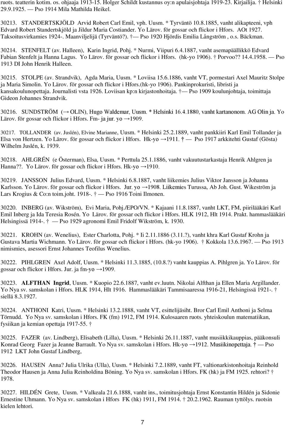 AOt 1927. Taksoitusvirkamies 1924-. Maanviljelijä (Tyrväntö?). Pso 1920 Hjördis Emilia Långström, o.s. Bäckman. 30214. STENFELT (av. Halleen), Karin Ingrid, Pohj. * Nurmi, Viipuri 6.4.1887, vanht asemapäällikkö Edvard Fabian Stenfelt ja Hanna Lagus.