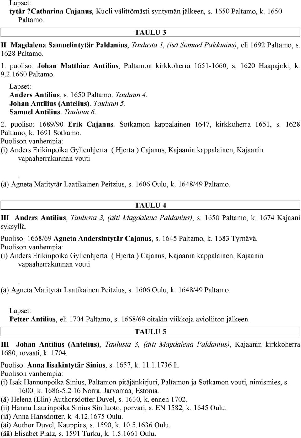 Tauluun 5. Samuel Antilius. Tauluun 6. 2. puoliso: 1689/90 Erik Cajanus, Sotkamon kappalainen 1647, kirkkoherra 1651, s. 1628 Paltamo, k. 1691 Sotkamo.