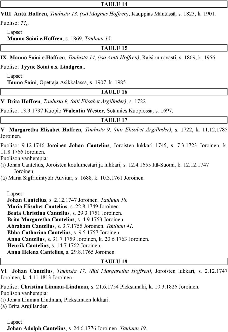 TAULU 16 V Brita Hoffren, Taulusta 9, (äiti Elisabet Argillnder), s. 1722. Puoliso: 13.3.1737 Kuopio Walentin Wester, Sotamies Kuopiossa, s. 1697.