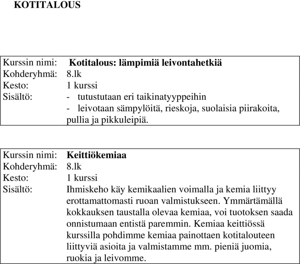 Kurssin nimi: Keittiökemiaa Kohderyhmä: 8.lk Sisältö: Ihmiskeho käy kemikaalien voimalla ja kemia liittyy erottamattomasti ruoan valmistukseen.