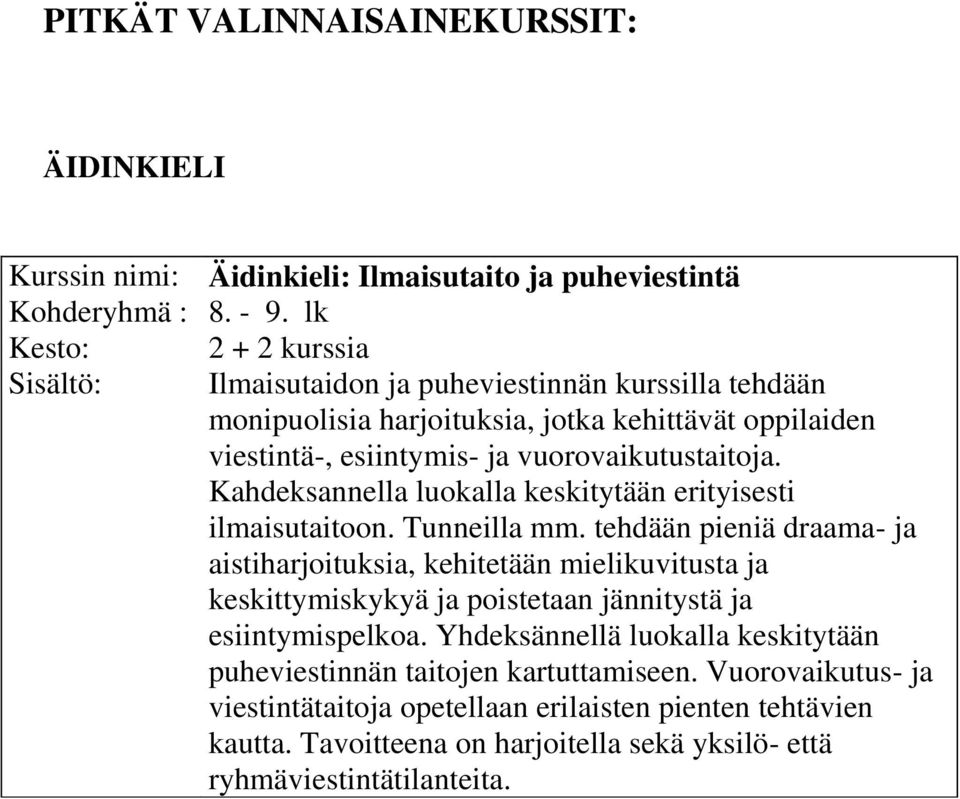 Kahdeksannella luokalla keskitytään erityisesti ilmaisutaitoon. Tunneilla mm.