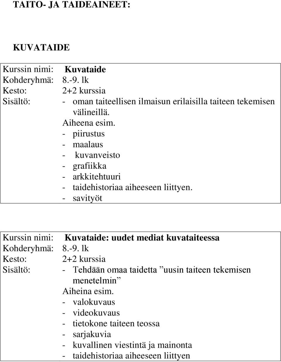 - piirustus - maalaus - kuvanveisto - grafiikka - arkkitehtuuri - taidehistoriaa aiheeseen liittyen.