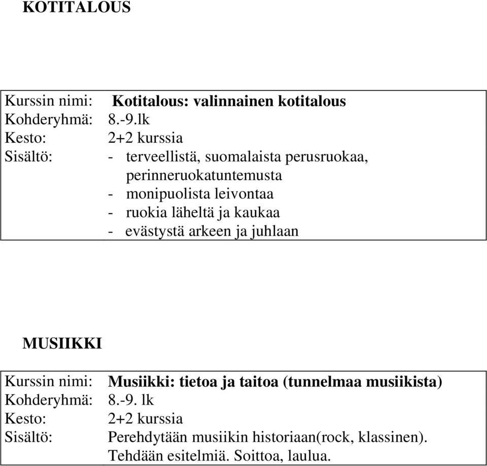 ruokia läheltä ja kaukaa - evästystä arkeen ja juhlaan MUSIIKKI Kurssin nimi: Musiikki: tietoa ja taitoa