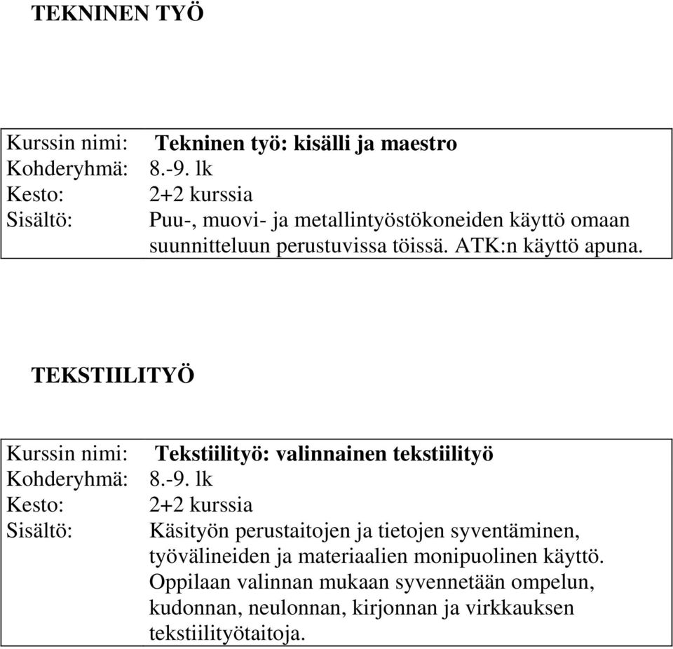 TEKSTIILITYÖ Kurssin nimi: Tekstiilityö: valinnainen tekstiilityö Kohderyhmä: 8.-9.