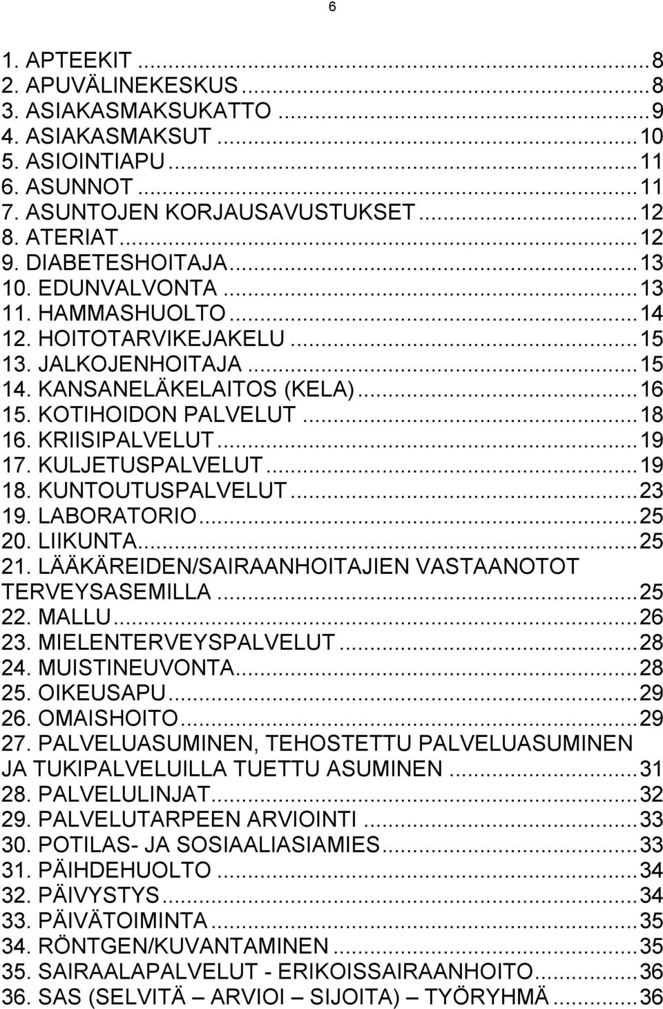 KRIISIPALVELUT... 19 17. KULJETUSPALVELUT... 19 18. KUNTOUTUSPALVELUT... 23 19. LABORATORIO... 25 20. LIIKUNTA... 25 21. LÄÄKÄREIDEN/SAIRAANHOITAJIEN VASTAANOTOT TERVEYSASEMILLA... 25 22. MALLU.