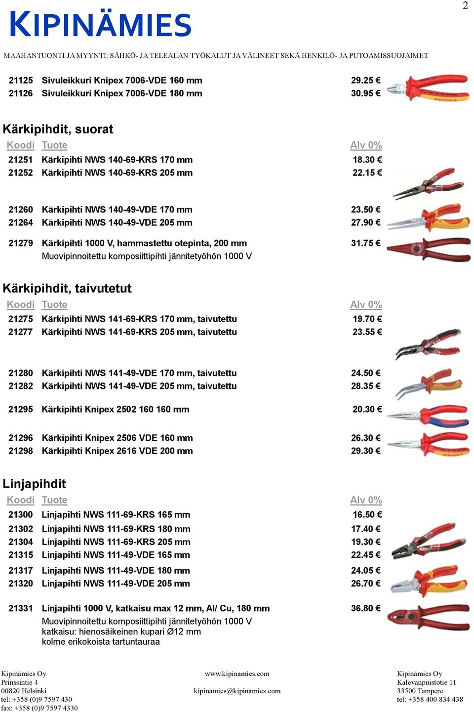 75 Muovipinnoitettu komposiittipihti jännitetyöhön 1000 V Kärkipihdit, taivutetut 21275 Kärkipihti NWS 141-69-KRS 170 mm, taivutettu 19.70 21277 Kärkipihti NWS 141-69-KRS 205 mm, taivutettu 23.