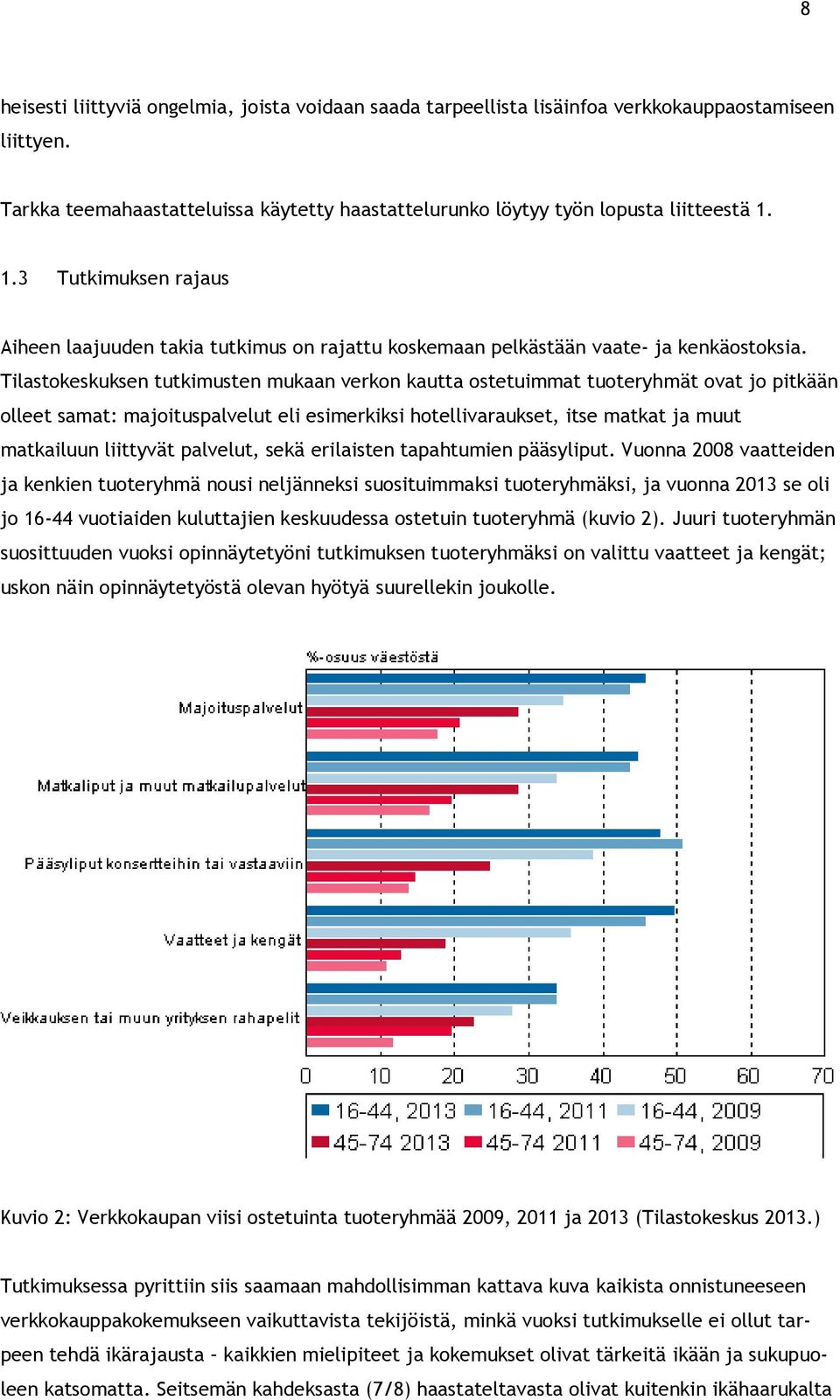 Tilastokeskuksen tutkimusten mukaan verkon kautta ostetuimmat tuoteryhmät ovat jo pitkään olleet samat: majoituspalvelut eli esimerkiksi hotellivaraukset, itse matkat ja muut matkailuun liittyvät