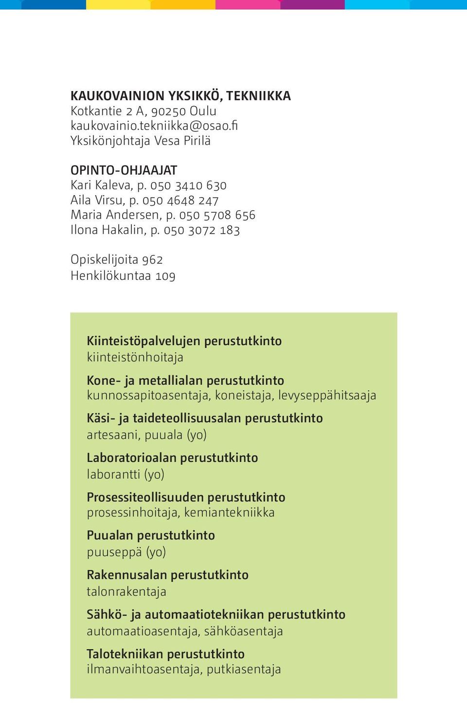 050 3072 183 Opiskelijoita 962 Henkilökuntaa 109 Kiinteistöpalvelujen perustutkinto kiinteistönhoitaja Kone- ja metallialan perustutkinto kunnossapitoasentaja, koneistaja, levyseppähitsaaja Käsi- ja