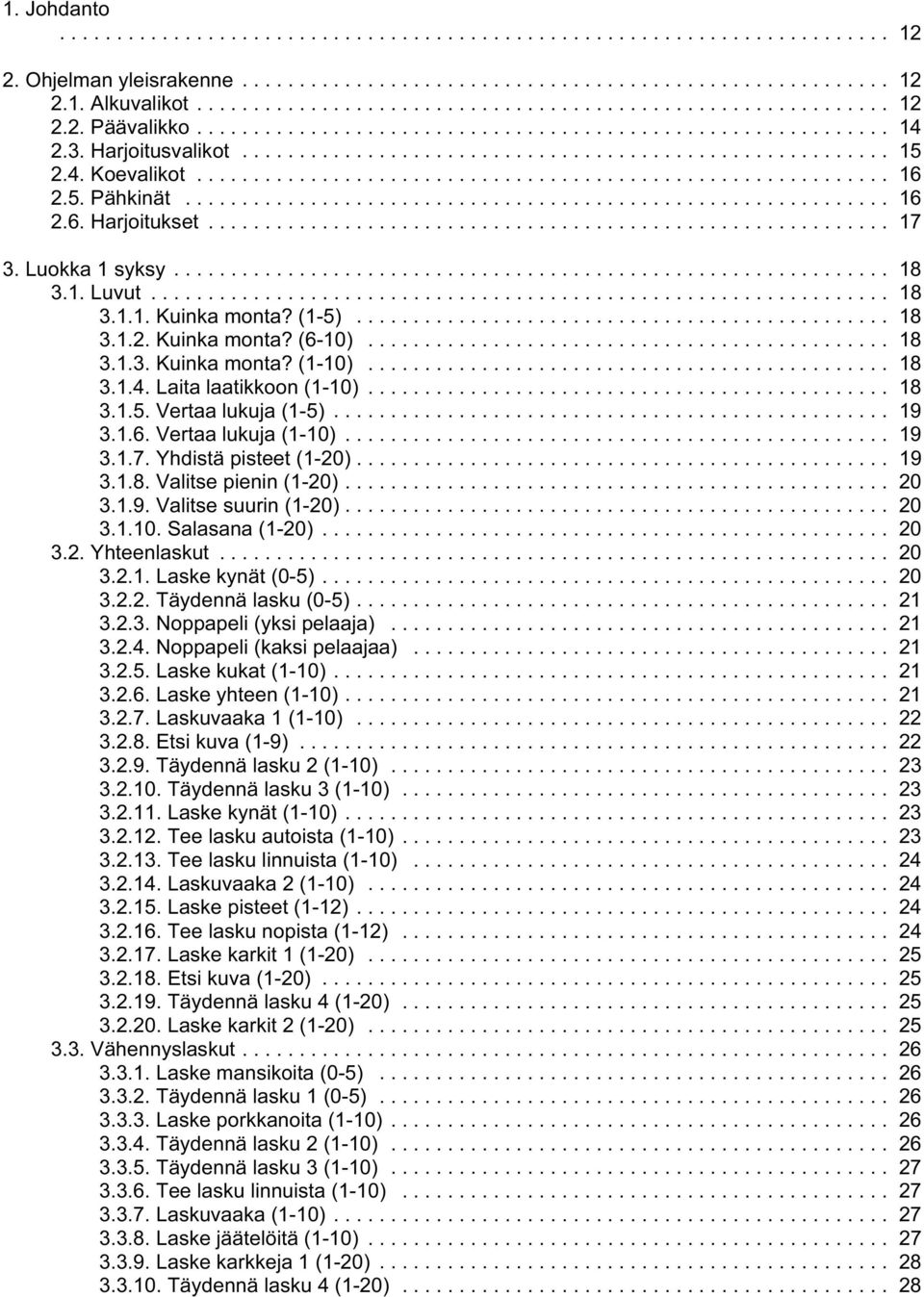 .. 19 3.1.6. Vertaa lukuja (1-10)... 19 3.1.7. Yhdistä pisteet (1-20)... 19 3.1.8. Valitse pienin (1-20)... 20 3.1.9. Valitse suurin (1-20)... 20 3.1.10. Salasana (1-20)... 20 3.2. Yhteenlaskut... 20 3.2.1. Laske kynät (0-5).