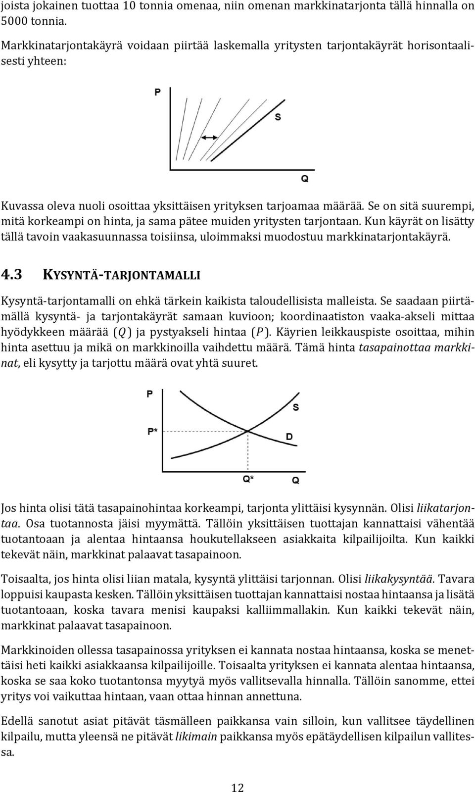 Se on sitä suurempi, mitä korkeampi on hinta, ja sama pätee muiden yritysten tarjontaan. Kun käyrät on lisätty tällä tavoin vaakasuunnassa toisiinsa, uloimmaksi muodostuu markkinatarjontakäyrä. 4.