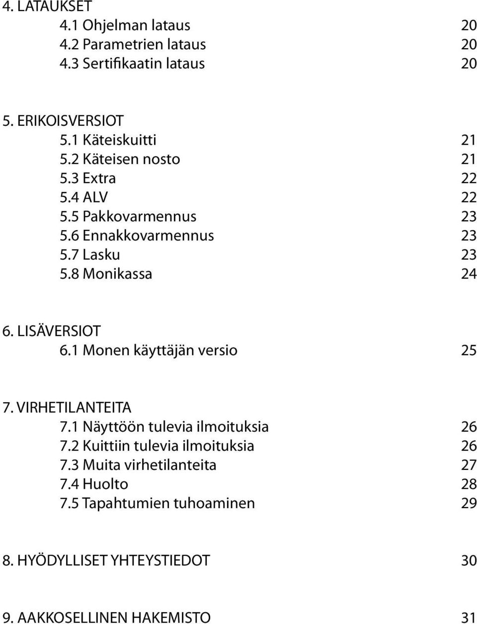 LISÄVERSIOT 6.1 Monen käyttäjän versio 25 7. VIRHETILANTEITA 7.1 Näyttöön tulevia ilmoituksia 26 7.