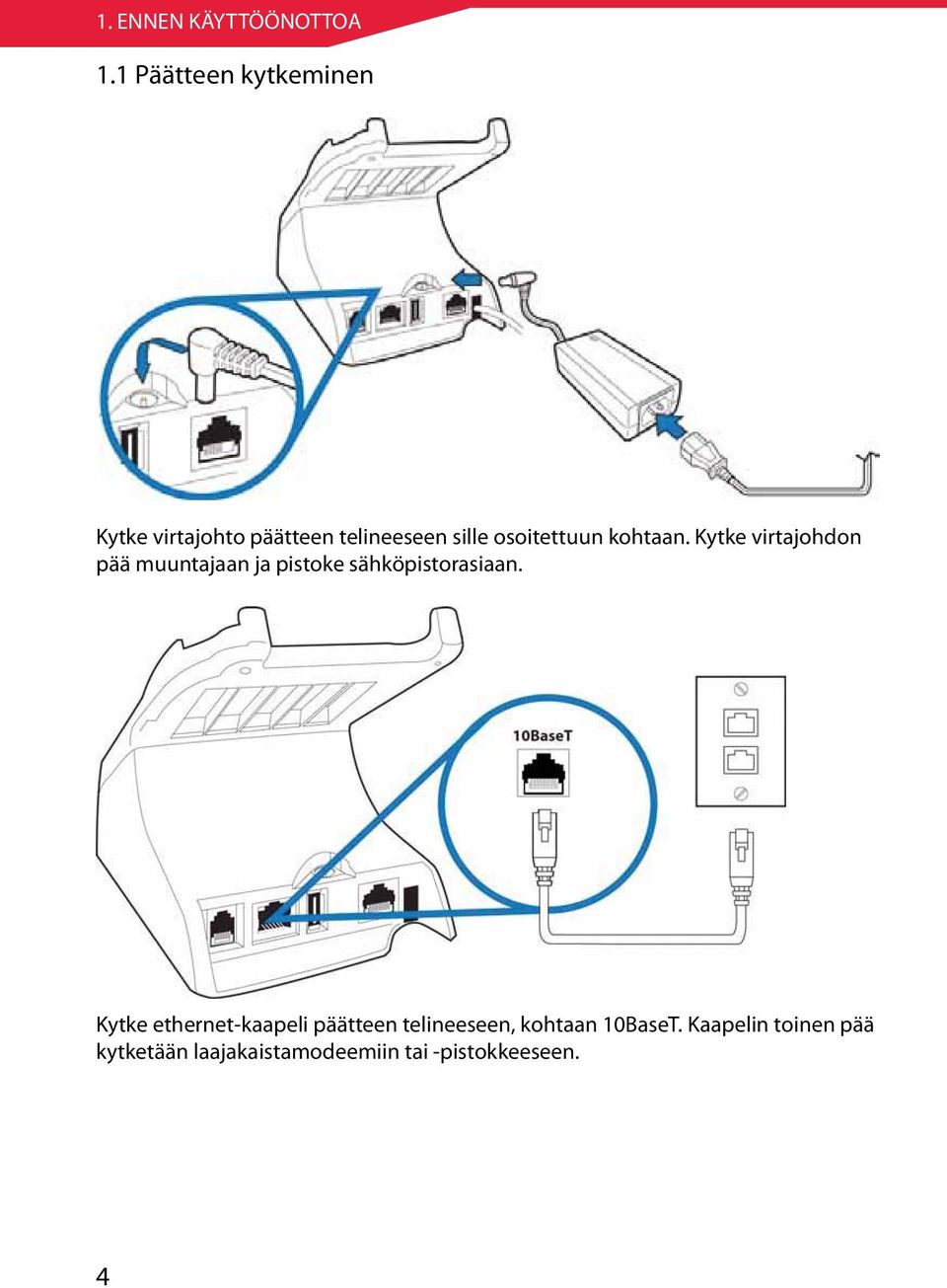 kohtaan. Kytke virtajohdon pää muuntajaan ja pistoke sähköpistorasiaan.