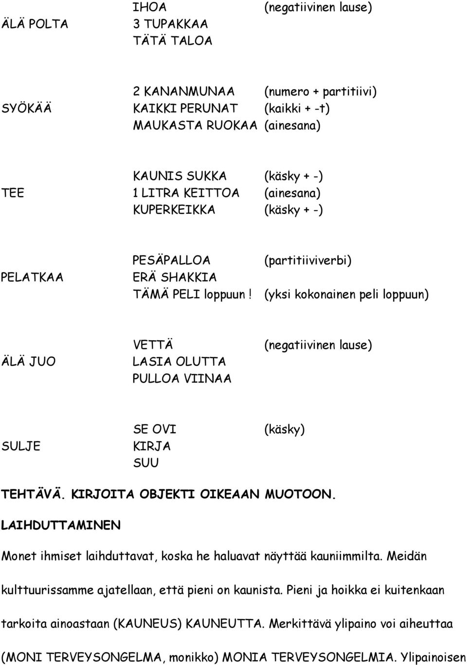 (yksi kokonainen peli loppuun) ÄLÄ JUO VETTÄ LASIA OLUTTA PULLOA VIINAA (negatiivinen lause) SULJE SE OVI KIRJA SUU (käsky) TEHTÄVÄ. KIRJOITA OBJEKTI OIKEAAN MUOTOON.