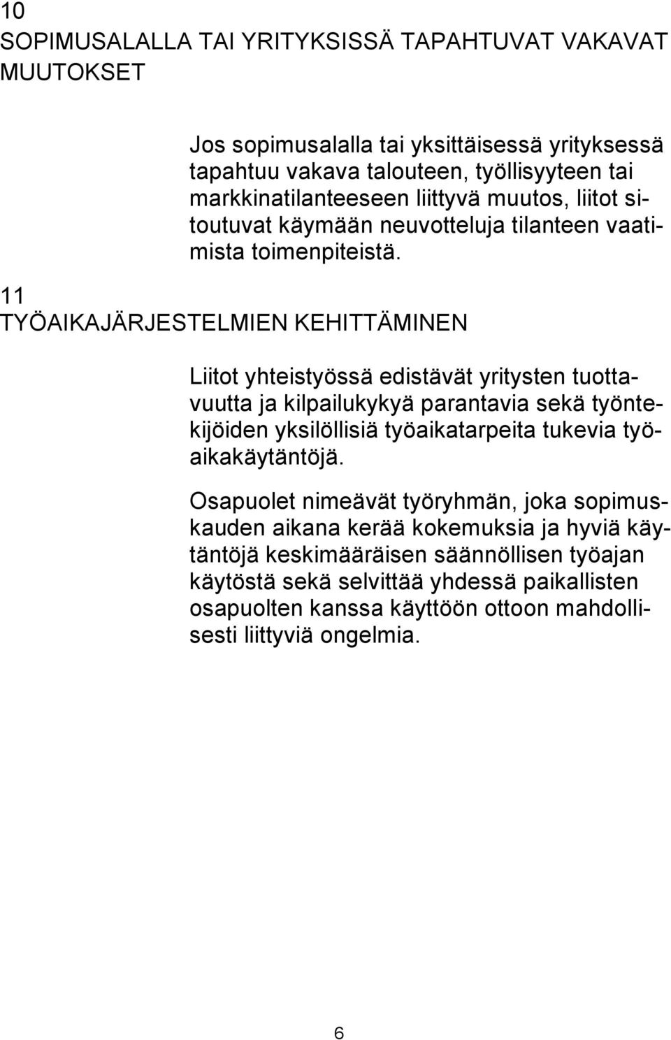 11 TYÖAIKAJÄRJESTELMIEN KEHITTÄMINEN Liitot yhteistyössä edistävät yritysten tuottavuutta ja kilpailukykyä parantavia sekä työntekijöiden yksilöllisiä työaikatarpeita tukevia